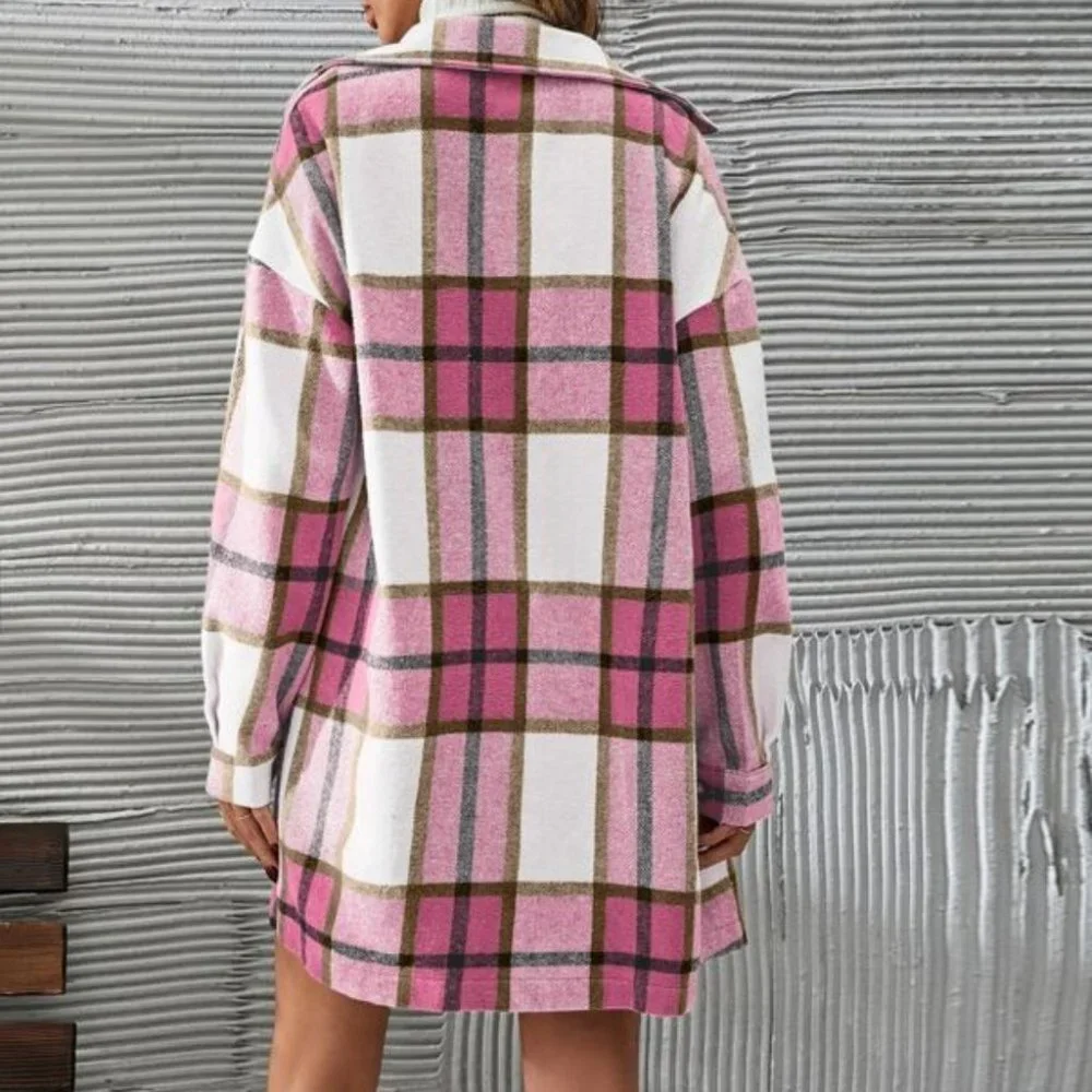 2 piece set Plaid Print Button Front Overcoat & Skirt Pink - Picture 5 of 5